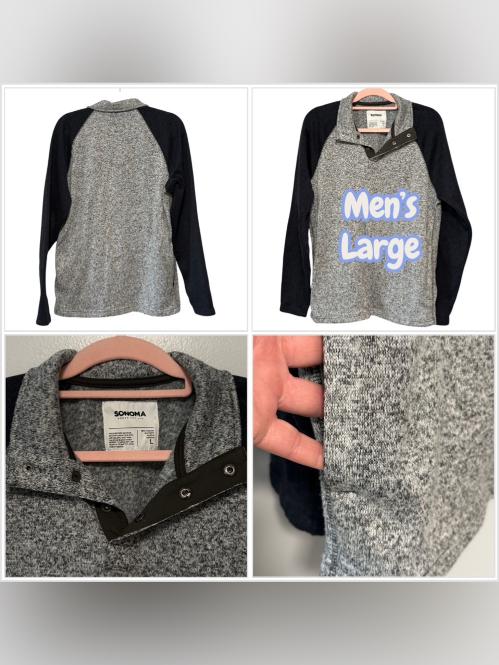 Men's Sonoma Large 42 - 44 Quarter Snap V-Neck Fleece Sweater Gray Navy Mockneck